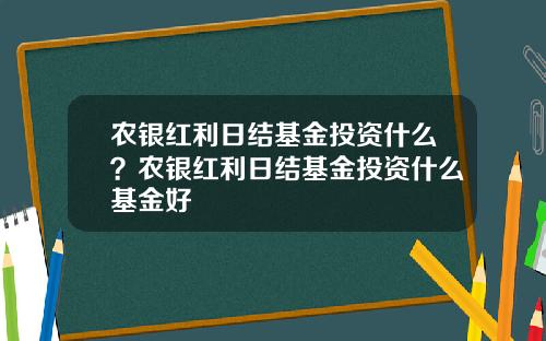 农银红利日结基金投资什么？农银红利日结基金投资什么基金好